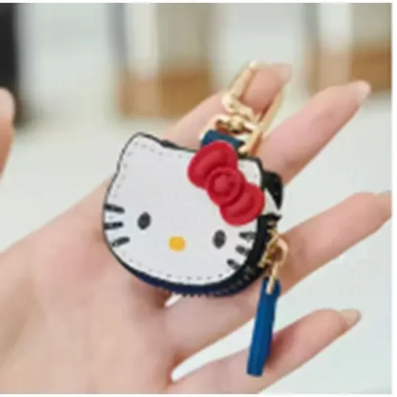 Sanrio HELLO KITTY Coin Purse Keychain White Red Bow Denim Clip - Picture 2 of 6